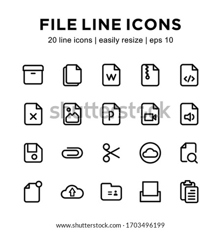 set of file icons, contains new file icons, cut, upload, print, write and others with a white background.