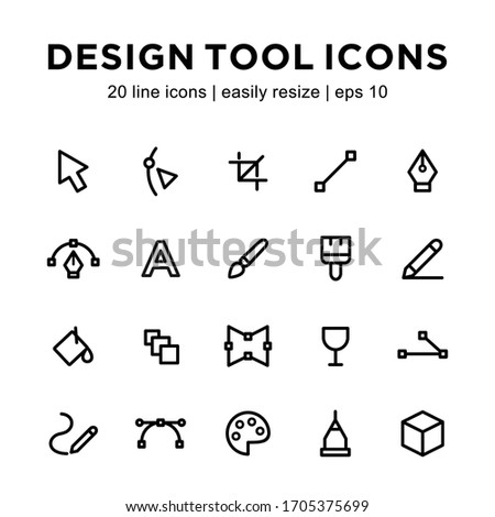 set of design tool icons, containing cursor, pencil, pen, crop, text and other icons with a white background.