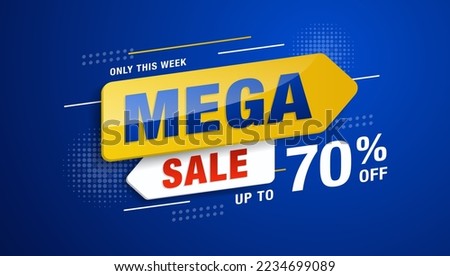 Mega sale banner promotion template with 3D megaphone on blue background. Special deal label design