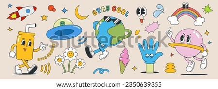 groovy 70s characters and elements. vintage sticker collection, planet, soda, ufo, ice cream, rocket and abstract shape. vector illustration