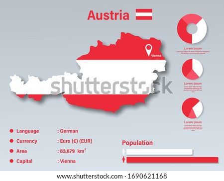 Austria Infographic Vector Illustration, Austria Statistical Data Element, Austria Information Board With Flag Map, Austria Map Flag Flat Design