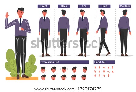 Cartoon character for motion design Free Vector, Base Character Male, Front, side, back view animated character. man character creation set with various views, hairstyles, face emotions, poses 