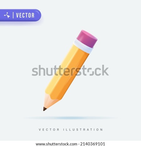 Yellow 3D Realistic Pencil. Volumetric wooden object for writing and drawing. Vector short yellow pencil, Realistic pencil isolated cartoon with rubber eraser. Vector isolated icon