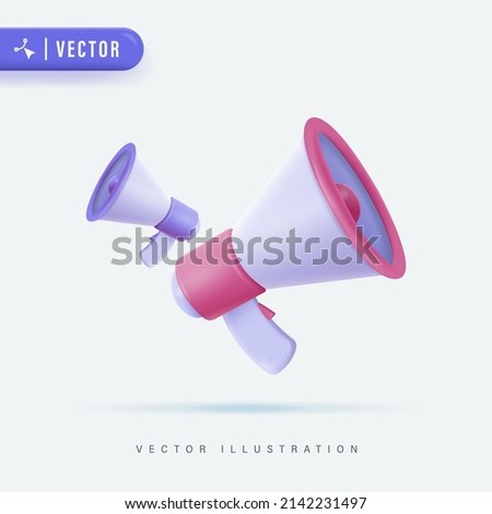 Two 3D Realistic Megaphone Vector Illustration Isolated Background. Loudspeaker Cartoon Logo Icon and Symbol. Social Media Marketing Concept. Announce for Marketing Vector llustration