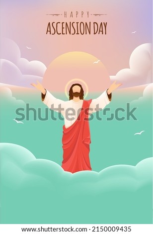 Happy Ascension Day Design with Jesus Christ in Heaven Vector Illustration.  Illustration of resurrection Jesus Christ. Sacrifice of Messiah for humanity redemption.  Foto stock © 