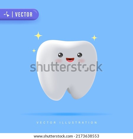 3D realistic happy tooth vector illustration. Cartoon dental character. Cute dentist mascot. Oral health and dental inspection teeth. Medical dentist tool.