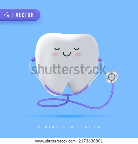 3D realistic happy tooth vector illustration. Cartoon dental character. Cute dentist mascot. Oral health and dental inspection teeth. Medical dentist tool.