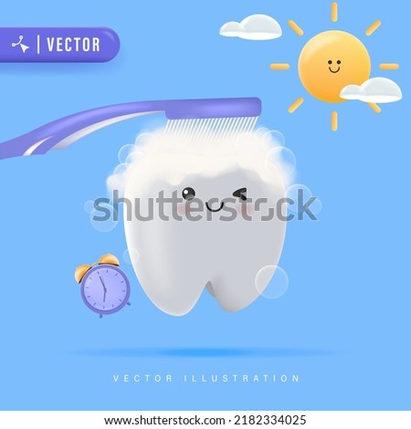 Happy White Tooth Cleaning with Brush Vector Illustration. Morning Routine Brushing Teeth Concept. Oral Hygiene Concept for Kids. Healthy Tooth Character. Cute Clean Tooth Cartoon Icon. 