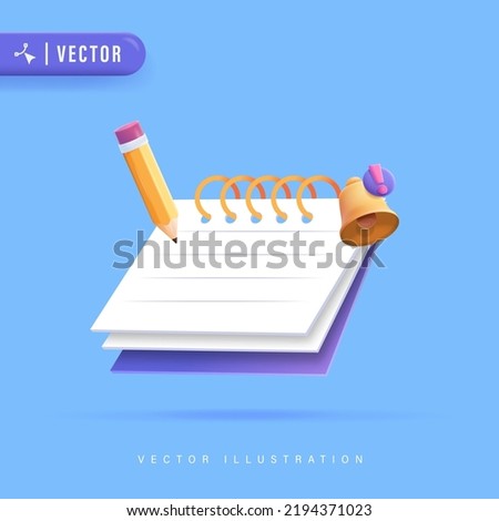 3D Realistic Notebook Design with Pencil and Bell Notification Vector Illustration. Paper clipboard task management todo check list