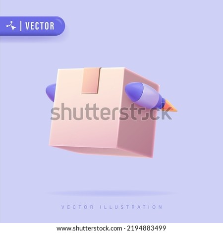 3D Realistic Delivery Box Vector Illustration. Fast Delivery Concept. Fast delivery logo template design with a flying box by rocket. Speed Box Icon Logo Design Element