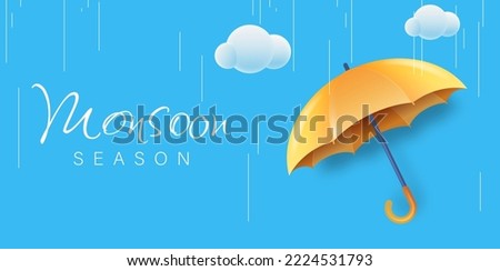 Monsoon Season Sale with 3D Realistic Umbrella Vector Illustration. Suitable for Poster, Banner, Flyer, Web Header and Advertisement Page Design.