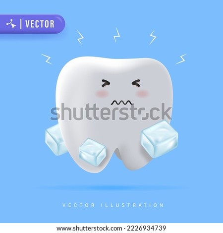 3D Realistic Sensitive Teeth Cartoon Character with Ice Cube Vector Illustration.  Dental Care Concept.