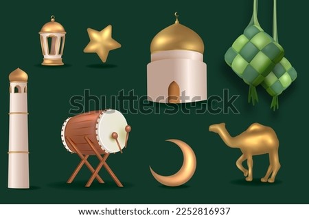 Islamic set of Themed Decorative Elements for Design Vector Illustration. Ramadan and Eid Realistic 3D Objects in Cartoon Style