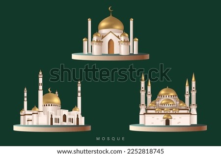 3D Realistic Golden Mosque Set Design Vector Illustration