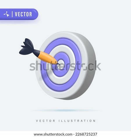 Dart arrow hit the center of target. Business finance target, goal of success, target achievement concept. 3d vector icon. Cartoon minimal style.