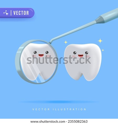 3D Happy cartoon tooth character looking in dental inspection mirror. Healthy tooth metaphor. Funny dental checkup motivational Children dentistry character. Flat vector isolated illustration