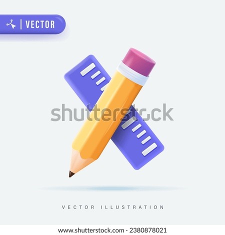 3D Realistic Pencil and Ruler. Volumetric wooden object for writing and drawing. Vector short yellow pencil and puple reuler, Vector isolated icon.