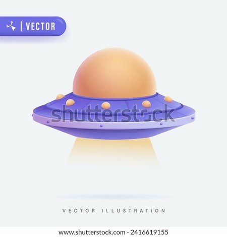UFO 3d vector illustration isolated, flying UFO with yellow and purple color