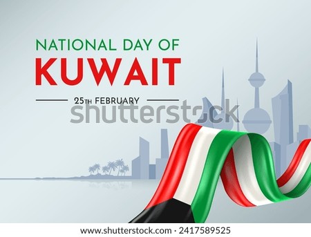 Kuwait National day with 3D ribbon flag. Bent waving 3D flag in colors of the Kuwait national flag