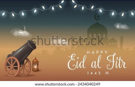 Translation : Happy Eid al Fitr. Eid Mubarak Poster Design with 3D Realistic Canon