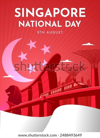 Singapore National Day Poster Design with Iconic Building in Singapore. Singapore Independence Day Vector Illustration