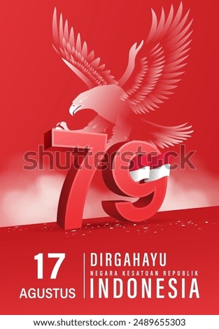 Translation : Happy Independence Day of Indonesia with 3D number 79 and garuda behind Vector Illustration. Suitable for Template Poster Banner Design. HUT RI 79