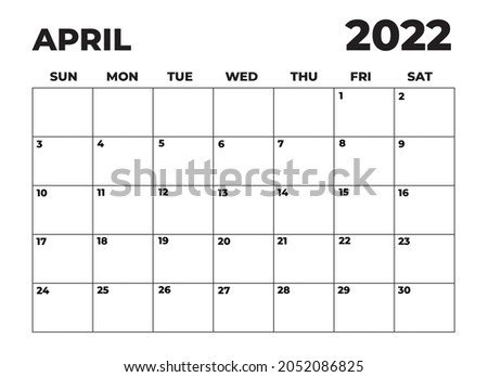 2022 Minimalist Black and White Calendar, Sunday Start Printable Calendar, Plain calendar, Dated Monthly Planner, Simple Monthly Organizer, Landscape Monthly Planner April 2022 Сток-фото © 