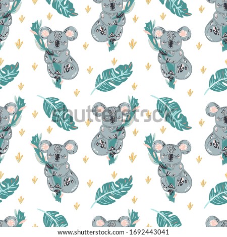 cute coala doodle hand drawn flat seamless pattern. Cartoon abstract animal in scandinavian style. Wild rainforest animal. Grass branches with leaves, flowers and spots design element. Tropical