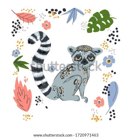 Cute funny ring-tailed lemur and tropical plant. Madagascar exotic Lemur catta. Vector illustration in flat and cartoon style on white background and floral doodle elements