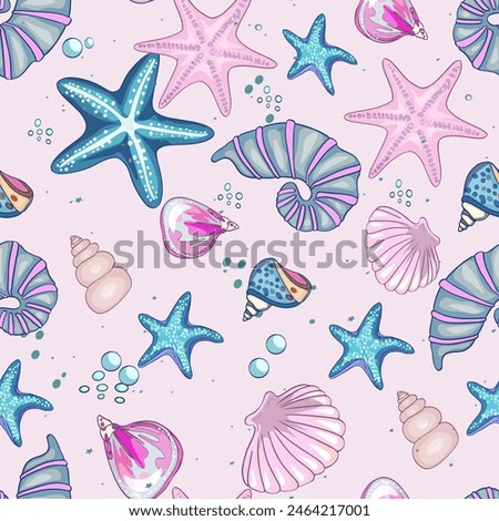 Marine pattern. Fish, anchor, octopuses, sharks, whales. Vector seamless pattern with decorative sea elements. Vintage background