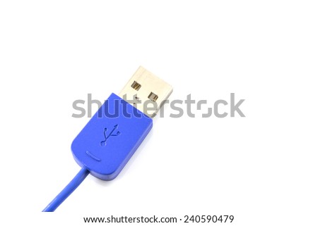 Close-up view of a blue USB cable on white background