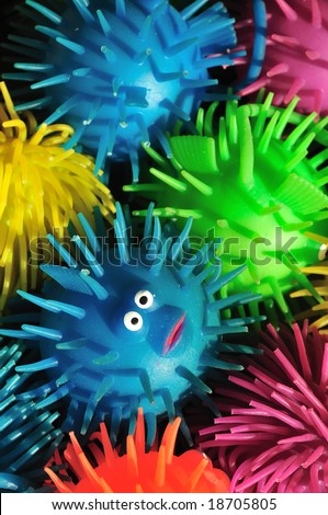 One wide-eyed squishy puffer fish lost in a sea of color