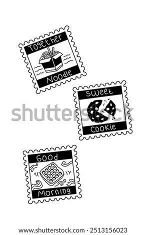 The line art of set of mail stamps with food picture inside issolated on white