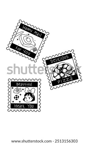 The line art of set of mail stamps with pizza picture inside issolated on white