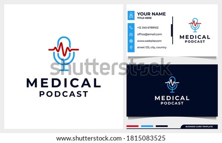 medical podcast mic logo with Heart pulse. heartbeat line, cardiogram concept design with business card template