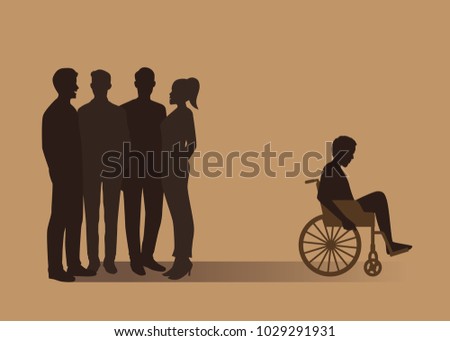 Normal people group gossip about disabled man in a wheelchair. Illustration about desertion from bad society.