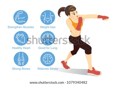 Woman tried a boxing workout with data and icon of benefits of cardio workout.