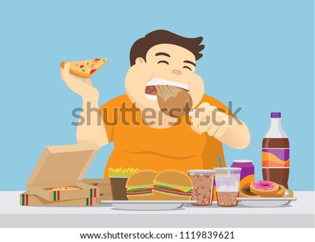 Fat man enjoy with a lot of fast food on the table. Illustration about overeating.