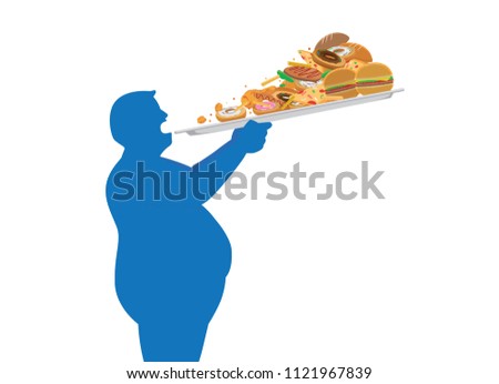 Fat man try to devour a lot of junk food in one time with lifting a tray. Illustration about overeating.