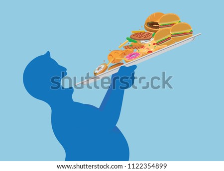 Fat man try to devour all junk food in one time with lifting a tray. Illustration about overeating.