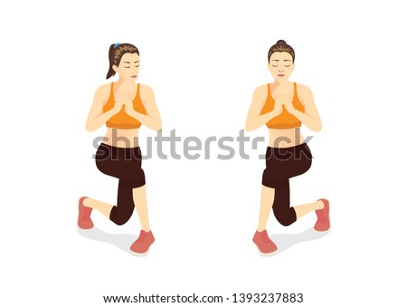 Woman doing workout with Alternating Curtsy Lunge in 2 steps. Illustration about Exercise guide.
