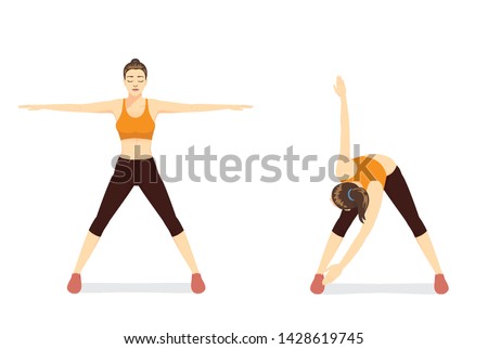 Woman doing exercise with cross body toe touches in 2 Step. Illustratopn about back Stretch.
