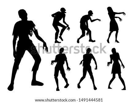 Zombie standing and walking actions in Silhouette style collection. Full lenght of people resurrected from the dead isolated on white.
