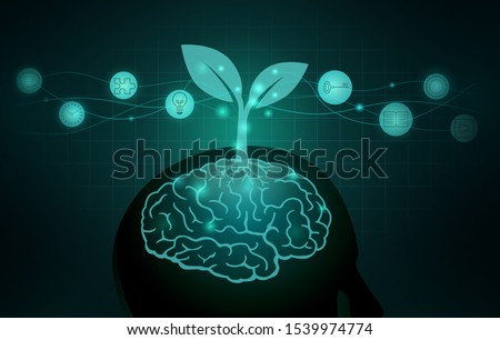 Tree growing out of human brain. Silhouette illustration about the ways to Build a Growth Mindset and good Attitude.