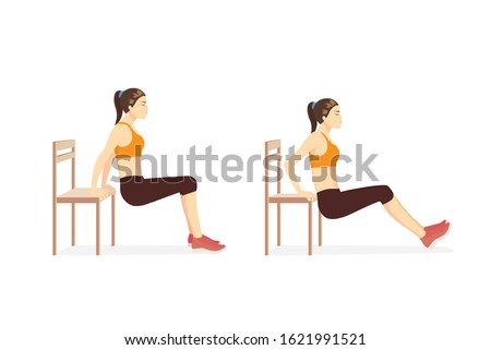 Woman doing Triceps Dips with bench in 2 step for exercise guide. Illustration about workout for build strength triceps brach ii muscle.