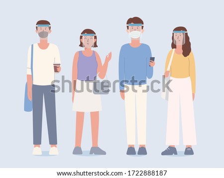 Group of People wearing clear Plastic face shield and surgical mask covers the face with clothing in lifestyle that is a New normal of now peoples. Illustration about the new culture of humans.