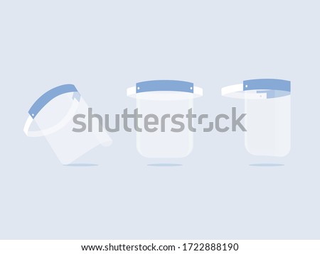 Medical face shield with Transparent plastic sheet mask. Equipment for protecting the face of staff from a virus or Toxic hazard. Illustration of produce in flat style.