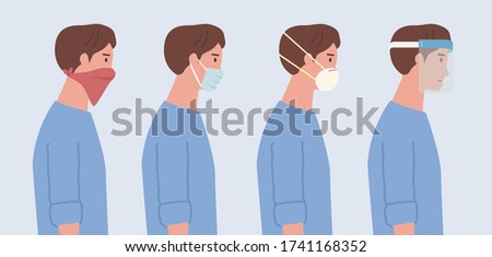 People wearing a surgical mask, n95 mask, handkerchief, and face shield. Illustration about kind of face mask to prevent virus and pollution. 