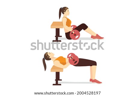 Sport woman doing Hip Thrust With A Barbell and Bench in 2 steps. Exercise diagram about a challenging workout with Heavyweights Barbell. Stock foto © 