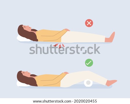 Women put another pillow under the back of her knees while lying down for sleep. People show a correct sleep on back posture.